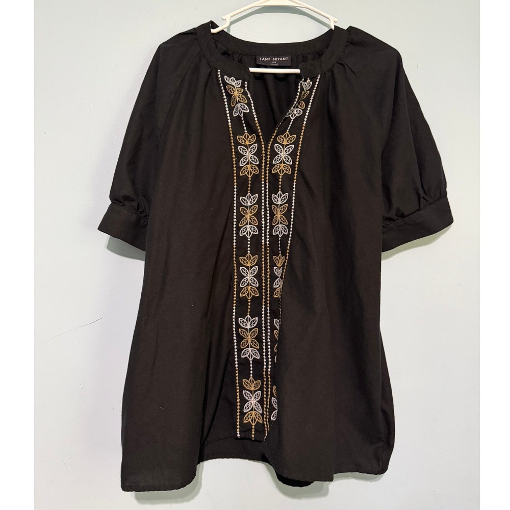 Lane Bryant Black Embroidered Tunic Size 14/16 Boho Linen Blend Puff Sleeve 1599